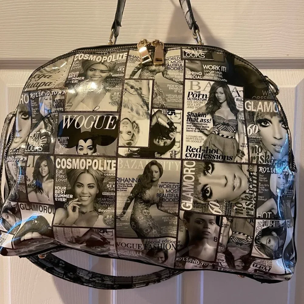 Glossy Magazine Black and White collage large dome Satchel/shoulder bag .